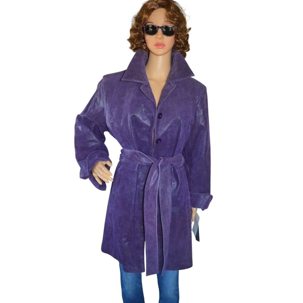 New Jerry Lewis Purple Leather Scale Texture Trench Coat Women Size L y2k Vintag